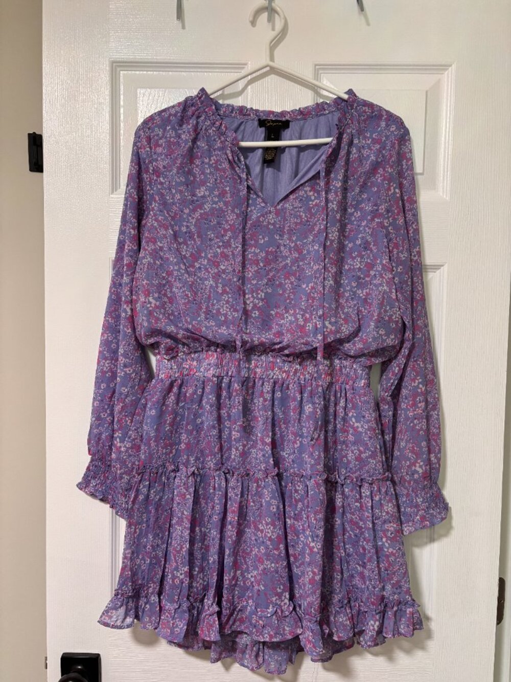 Floral Long Sleeve Ruffle Mini Dress | Lavender Bohemian Dress (Large) - Picture 4 of 10